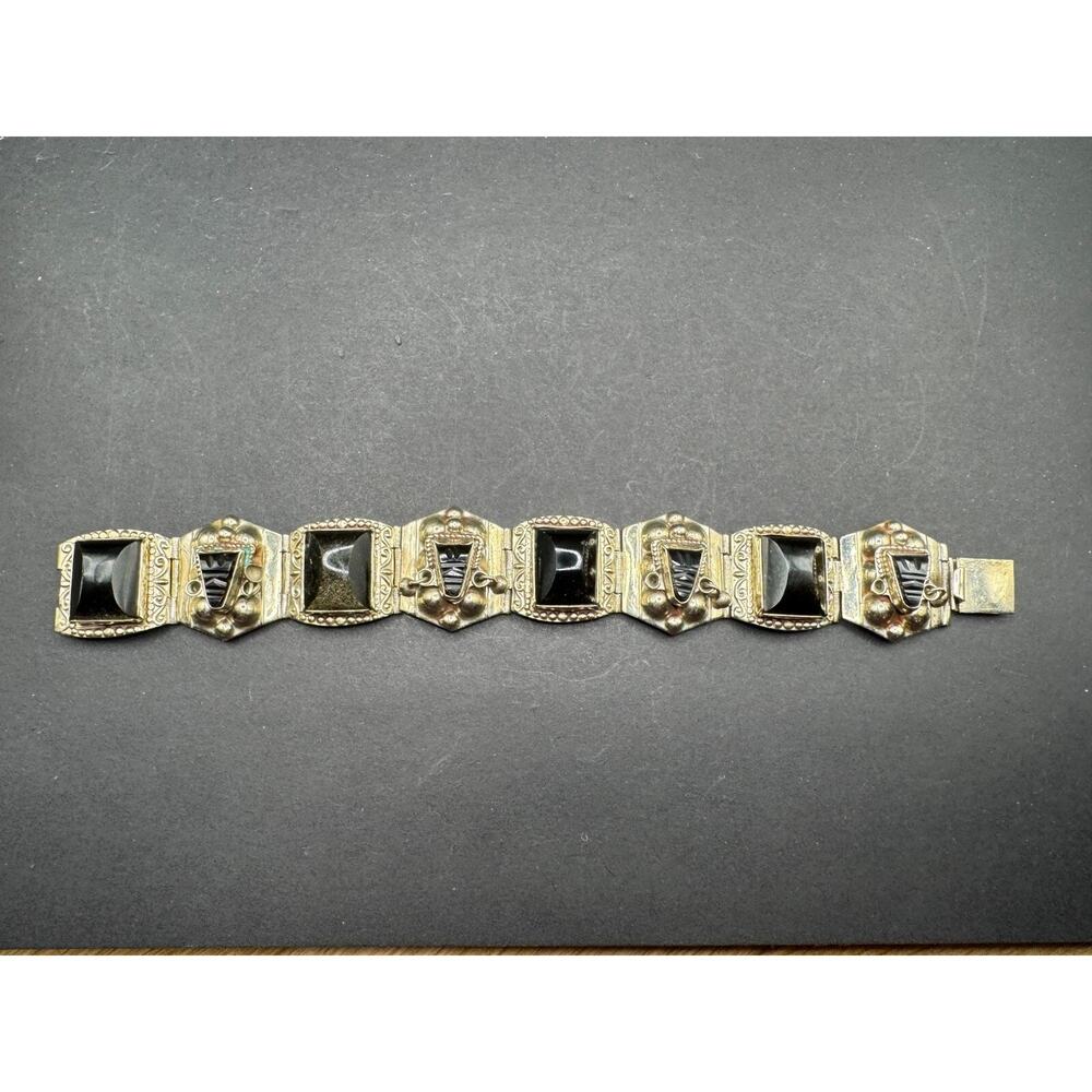 HECHO Mexico Aztec Mask Panels Bracelet Alpaca Silver Carved Black Onyx 7"